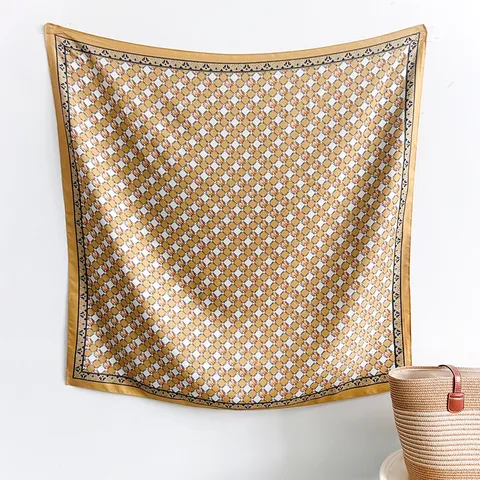 Women Elegant Geometric Plaid Printed Polyester Satin Square Scarf French Chic Silk Like Headscarf Foulard Shawl Accessory