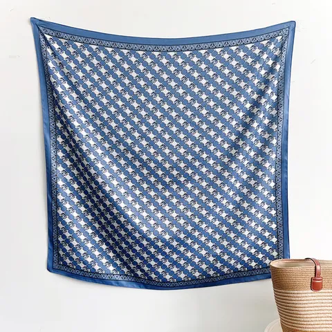 Women Elegant Geometric Plaid Printed Polyester Satin Square Scarf French Chic Silk Like Headscarf Foulard Shawl Accessory