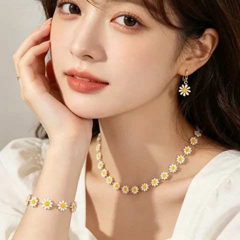 Set Gioielli Margherita in Lega Smaltata Bohémien Elegante Collana Bracciale Orecchini Set Bellissimo Accessorio Quotidiano Donna