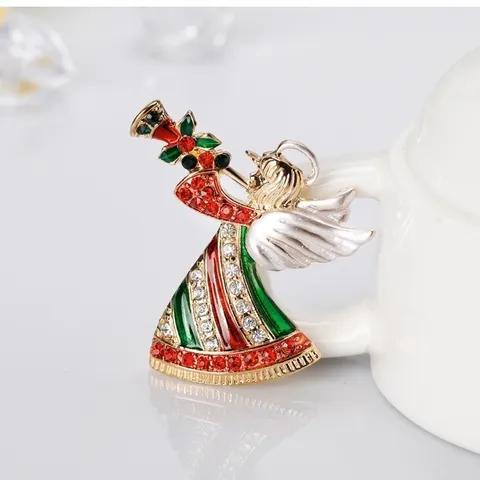 Broche de Ángel de Navidad Tocando la Trompeta para Mujer Aleación Oro Esmalte Rojo Verde Strass Incrustado Alfiler de Solapa