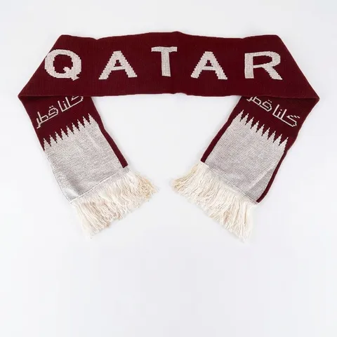 Qatar Football Fan Jacquard Knitted Scarf Acrylic Burgundy White Tassel Winter Warmer Arabic Text National Flag Neck Wrap