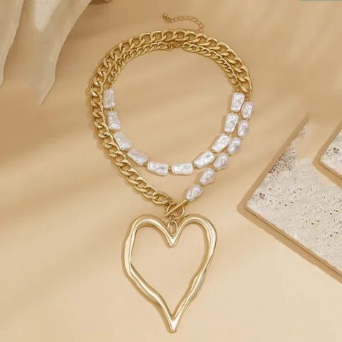 Baroque Artificial Pearl Double Layer Necklace Exaggerated Lava Heart Pendant Gold Silver Alloy Rhinestone Statement Necklace Jewelry