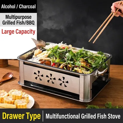Verdickter Edelstahl Fischgrillofen Holzkohle Alkohol Dual Use Ausziehbarer Belüfteter Grill Für Restaurant Kommerzielle Heimküche
