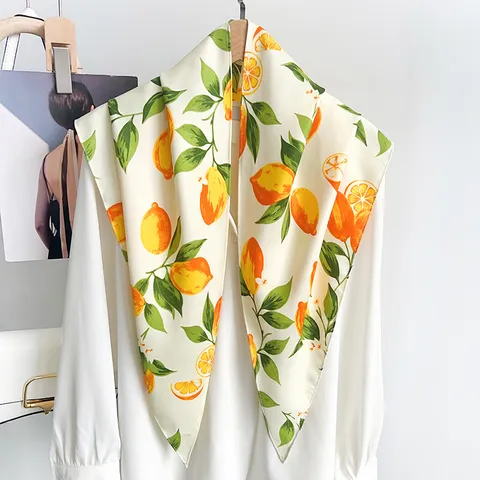 Diseño Coreano Fresco Estampado Limón Pañuelo Triangular Fino Verano Satén Bandana Protección Solar Bufanda para Mujer