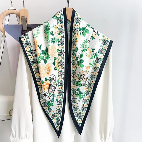 Women Korean Floral Horse Carriage Printed Large Triangle Scarf Twill Satin Silk-Like Shawl Headband Chic Belt Scarf