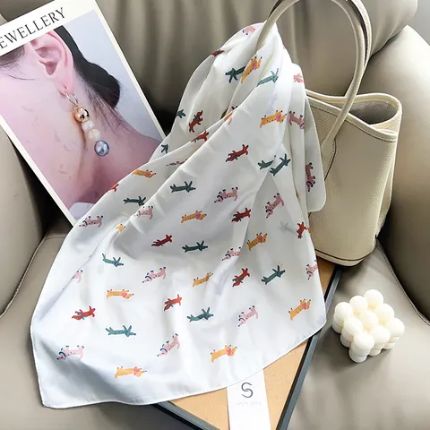 Cartoon Dachshund Dog Print Small Square Scarf Silk Feeling Polyester Neck Scarf Women Fashion Sun Protection Bandana Scarf