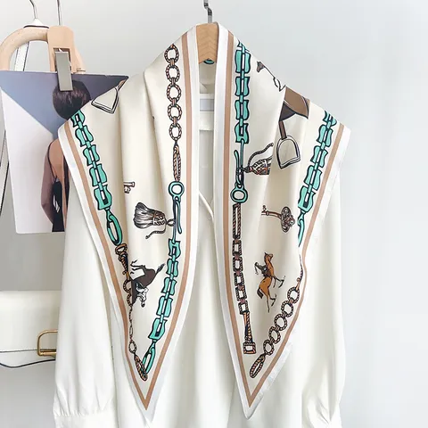 Women Satin Triangle Scarf Equestrian Chain Print Summer Lightweight Shawl Neck Scarf Shirt Accessory Elegant Chic Foulard