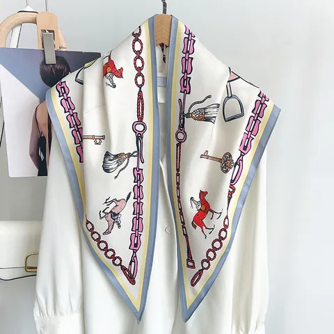 Women Satin Triangle Scarf Equestrian Chain Print Summer Lightweight Shawl Neck Scarf Shirt Accessory Elegant Chic Foulard