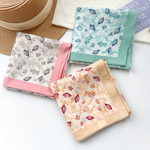 Cotton Square Scarf Korean Design Floral Printed Thin Bandana For Women Summer Sun Protection Neck Scarf Head Scarf Accessories