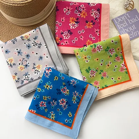 Women's Cotton Floral Print Square Scarf Elegant Summer Headscarf Neckerchief Sun Protection Bandana Headwrap Fashion Scarf