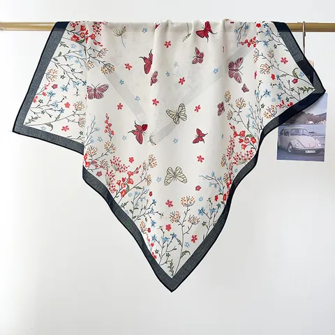 Pastoral Style Butterfly Floral Print 100% Cotton Square Scarf For Women Lightweight Breathable Headband Hair Tie Scarf Summer Sun Protection Bandana