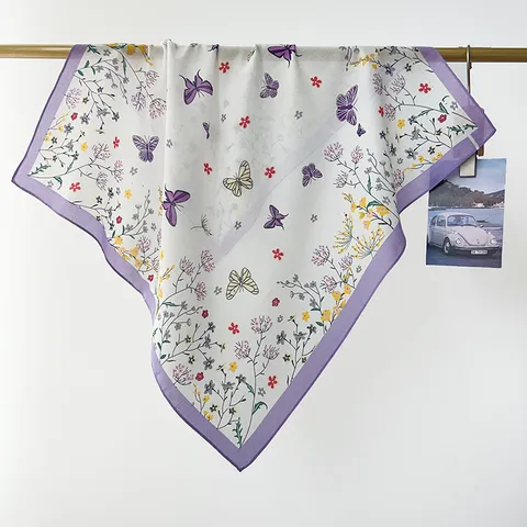Pastoral Style Butterfly Floral Print 100% Cotton Square Scarf For Women Lightweight Breathable Headband Hair Tie Scarf Summer Sun Protection Bandana