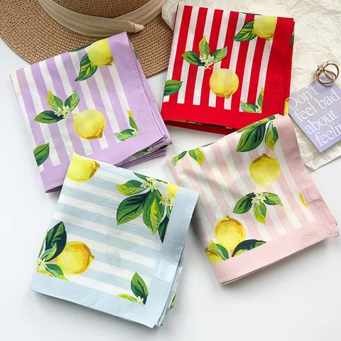 Damen 100% Baumwolle Zitrone Druck Quadratisches Tuch Literarisch Frisch Gestreift Kleines Halstuch Sonnenschutz Bandana Sommer Mode Schal
