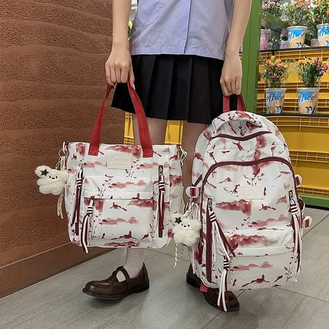 Zaino in Nylon con Pittura a Inchiostro del Paesaggio Borsa da Scuola Minimalista Giapponese Con Ciondolo in Peluche Set da Viaggio Colorblock per Studenti Unisex
