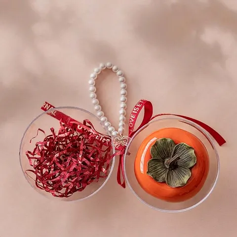 Chinese Persimmon Shaped Ceramic Candy Jar High-End Wedding Favor Gift Box Acrylic Ball Pearl Chain Ribbon Engagement Party Decoration Candy Container