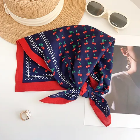 Navy Blue Cherry Print Cotton Square Scarf Fresh Pastoral Style Polka Dot Neck Scarf Head Scarf For Women Decorative Bandana