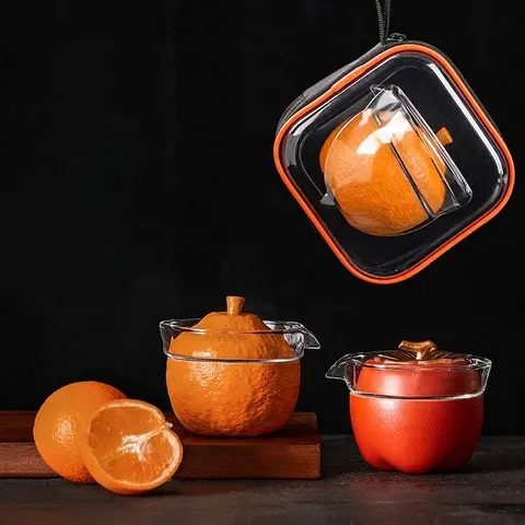 Portable Ceramic Glass Travel Tea Ware Persimmon Orange Shape Quick Teapot Teacup Combination With Zippered Storage Bag Gifts