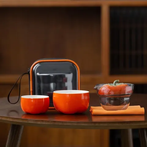 Portable Ceramic Glass Travel Tea Ware Persimmon Orange Shape Quick Teapot Teacup Combination With Zippered Storage Bag Gifts