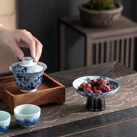 Assiette à Fruits en Céramique Bleue et Blanche Style Chinois Plateau à Collations en Porcelaine Vintage pour Salon Table à Thé Décoration de la Maison