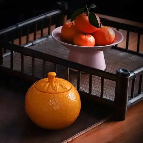 Boîte à Thé Créative en Céramique en Forme d'Orange Couvercle Hermétique Mini Boîte à Thé Décorative pour Maison Bureau