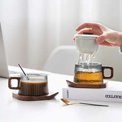 Japanische Gerippte Glas Kaffee Tee Tasse Mit Walnussholz Griff Keramik Filter Deckel Wellen Untersetzer Gold Löffel Hitzebeständiger Becher