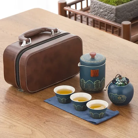 Ceramic Travel Tea Set Portable Kung Fu Teaware With Leather Case Vintage Lotus Pattern Pot And Cups For Outdoor Travel Gift