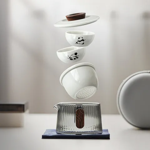 Tragbares Panda Reise Teeservice Keramik Schnelltasse Glastopf Mit Holzgriff Outdoor Kung Fu Teeset Mit Tragetasche