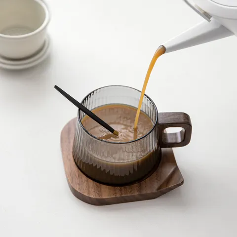 Japanische Gerippte Glas Kaffee Tee Tasse Mit Walnussholz Griff Keramik Filter Deckel Wellen Untersetzer Gold Löffel Hitzebeständiger Becher