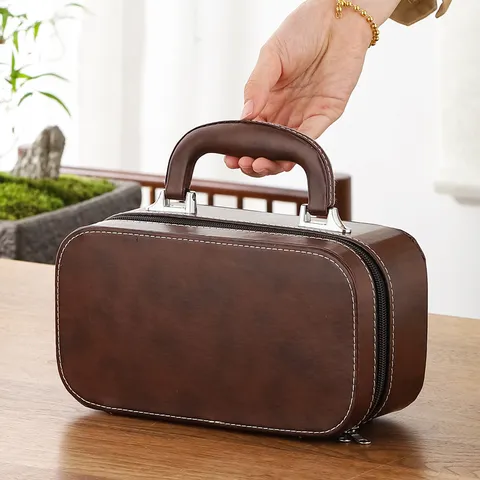Ceramic Travel Tea Set Portable Kung Fu Teaware With Leather Case Vintage Lotus Pattern Pot And Cups For Outdoor Travel Gift