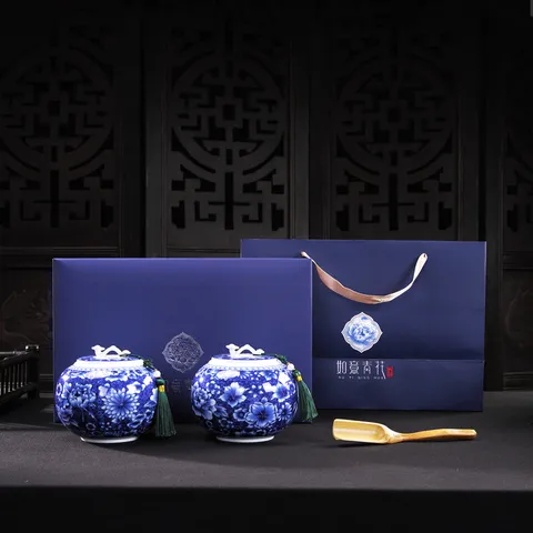 Boîte À Thé En Céramique Bleue Et Blanche Chinoise Élégante Jarre En Porcelaine Florale Avec Boîte Cadeau Et Gland Pour Thé