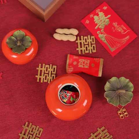 Persimmon Shaped Ceramic Candy Jar Tea Caddy With Double Happiness Pendant For Wedding Engagement Home Decor Festive Gift