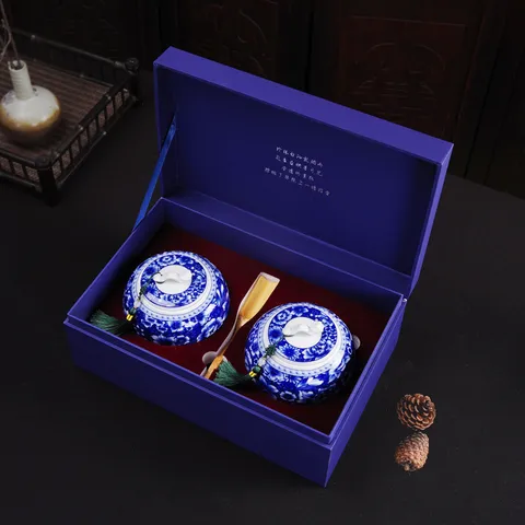 Boîte À Thé En Céramique Bleue Et Blanche Chinoise Élégante Jarre En Porcelaine Florale Avec Boîte Cadeau Et Gland Pour Thé