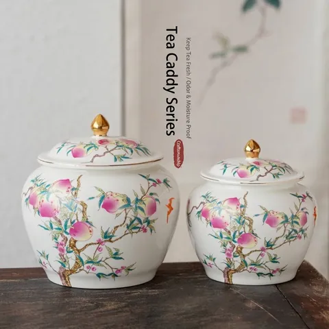 Boîte à Thé en Céramique de Style Chinois Motif Pêche Couvercle Doré Pot de Conservation Hermétique en Porcelaine Déco