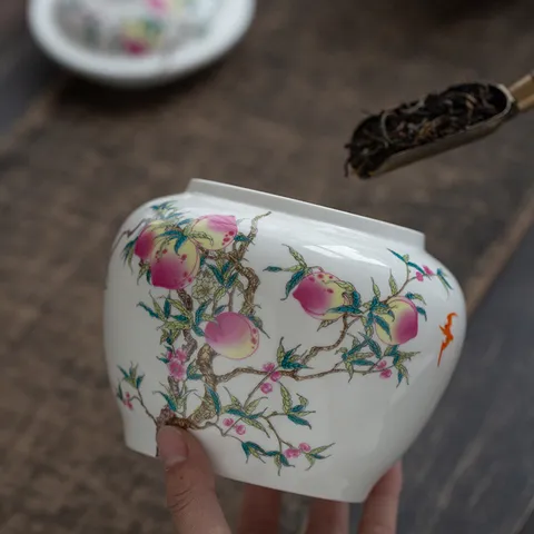 Boîte à Thé en Céramique de Style Chinois Motif Pêche Couvercle Doré Pot de Conservation Hermétique en Porcelaine Déco