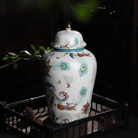 Vaso Ginger in Ceramica Smaltata a Pavone Vintage in Stile Antico Grande Barattolo Generale per Soggiorno Barattolo di Tè