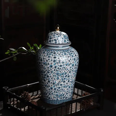 Jarre à Gingembre Antique en Porcelaine Bleue et Blanche Boîte à Thé en Céramique Émail Floral Grande Capacité Décoration Maison