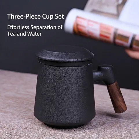 Tazza da Tè in Ceramica Con Manico in Legno Filtro e Coperchio Nero Opaco Separazione del Tè Ufficio Tazza da Acqua 450ml Casa Stile Zen Regalo