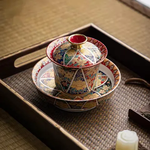 Imperial Style Enamel Ceramic Gaiwan Tea Cup Set Gold Traced Pattern Porcelain Tea Bowl With Gift Box Luxury Teaware
