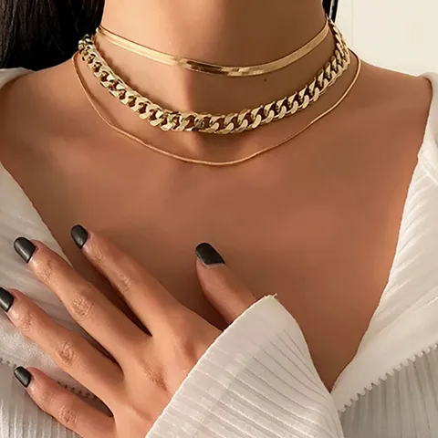 Punk Exaggerated Metal Chunky Chain Necklace Set For Women Gold Silver Plated Snake Bone Layered Choker Necklace Jewelry