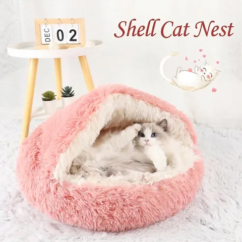 Soft Long Plush Pet Bed Warm Shell Shaped Cat House Washable Round Cat Bed For Small Dogs Indoor Deep Sleep Nest Winter Pet Supplies