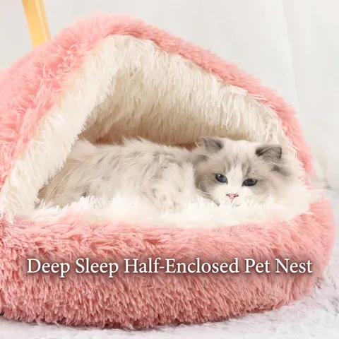 Soft Long Plush Pet Bed Warm Shell Shaped Cat House Washable Round Cat Bed For Small Dogs Indoor Deep Sleep Nest Winter Pet Supplies