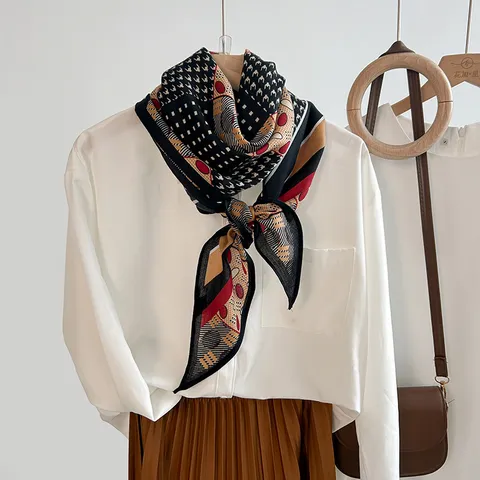 Retro Geometric Print Parallel Scarf Women Polyester Silk Feel Wool Touch Elegant Long Scarf For Spring Summer Travel Accessory