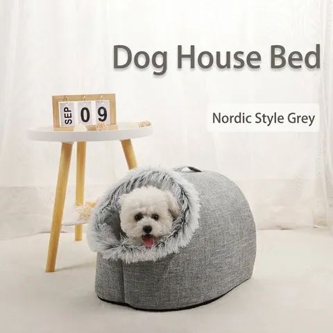 Portable Pet Nest Linen Long Plush Warm Cat Dog Bed Cave Soft Handheld Travel Pet House For Small Dogs Cats Light Gray