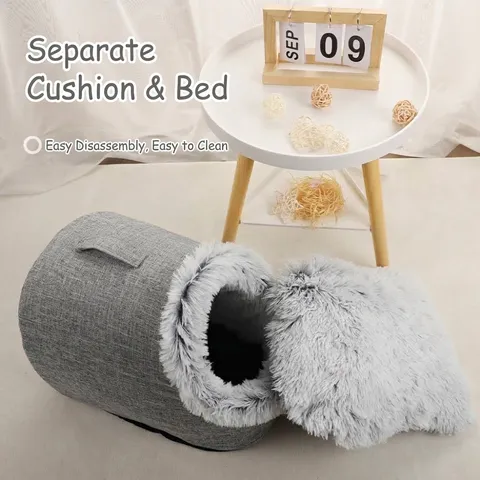 Portable Pet Nest Linen Long Plush Warm Cat Dog Bed Cave Soft Handheld Travel Pet House For Small Dogs Cats Light Gray