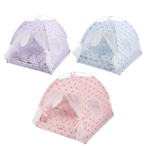 Portable Foldable Pet Tent Cute Cartoon Panda Print Breathable Mesh Indoor House Bed For Cat Puppy Pet Supplies