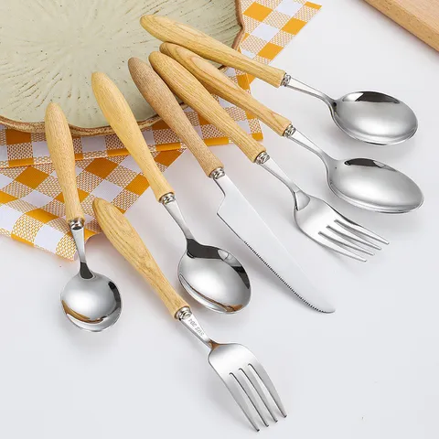304 Stainless Steel Cutlery Set With Ash Wood Handle Mirror Polished Dinner Knife Fork Spoon Tea Spoon Western Dinnerware For Banquet Daily
