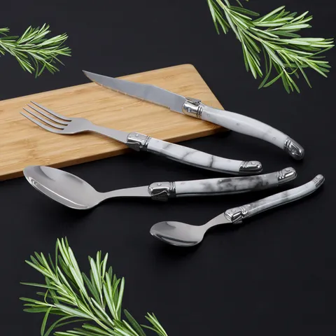 Stainless Steel Steak Knife Fork Spoon Set Marble Pattern Plastic Handle Tableware Cutlery For Dining