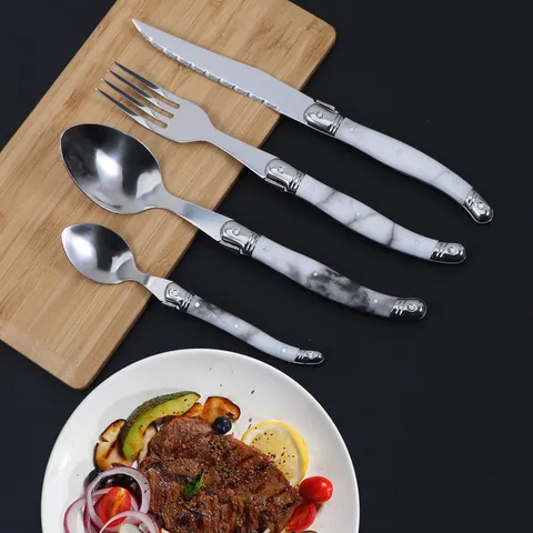 Stainless Steel Steak Knife Fork Spoon Set Marble Pattern Plastic Handle Tableware Cutlery For Dining