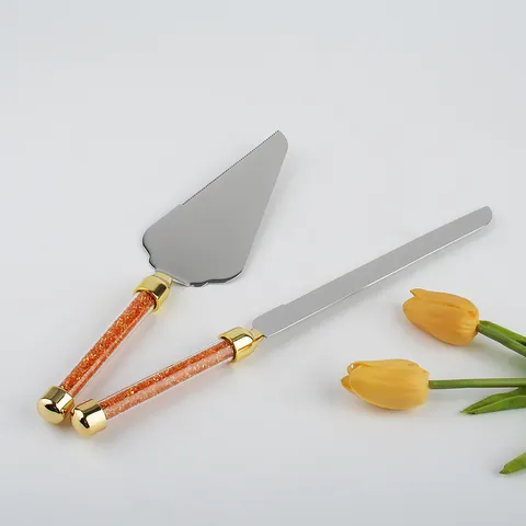 2 Piece Stainless Steel Cake Knife And Server Set Crystal Handle Gold Silver Rhinestone Tableware For Wedding Birthday Gift
