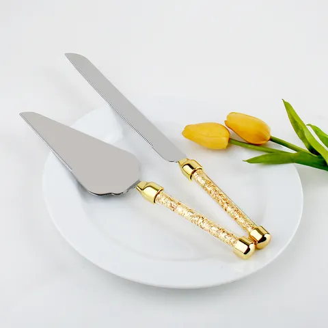 2 Piece Stainless Steel Cake Knife And Server Set Crystal Handle Gold Silver Rhinestone Tableware For Wedding Birthday Gift